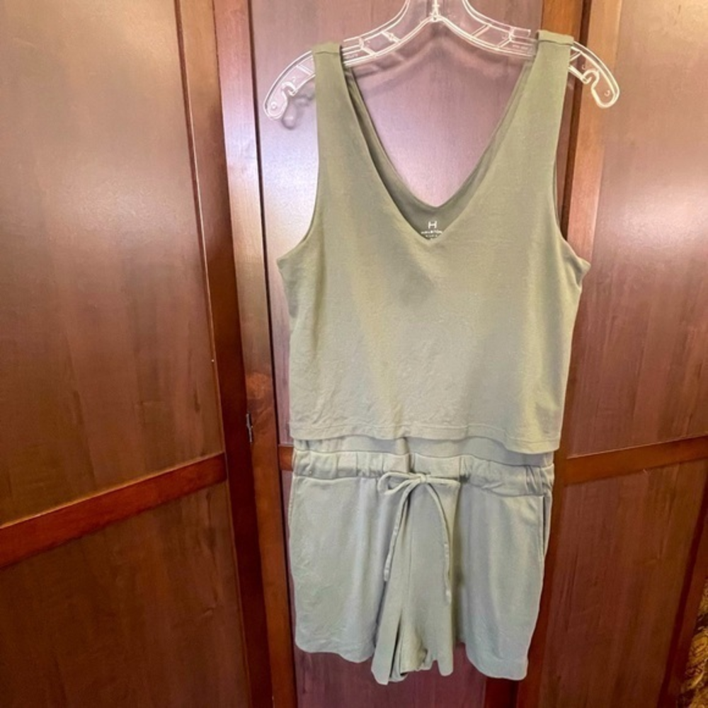 H Halston Jersey Sleeveless Drawstring Waist Casual Romper Green Size M